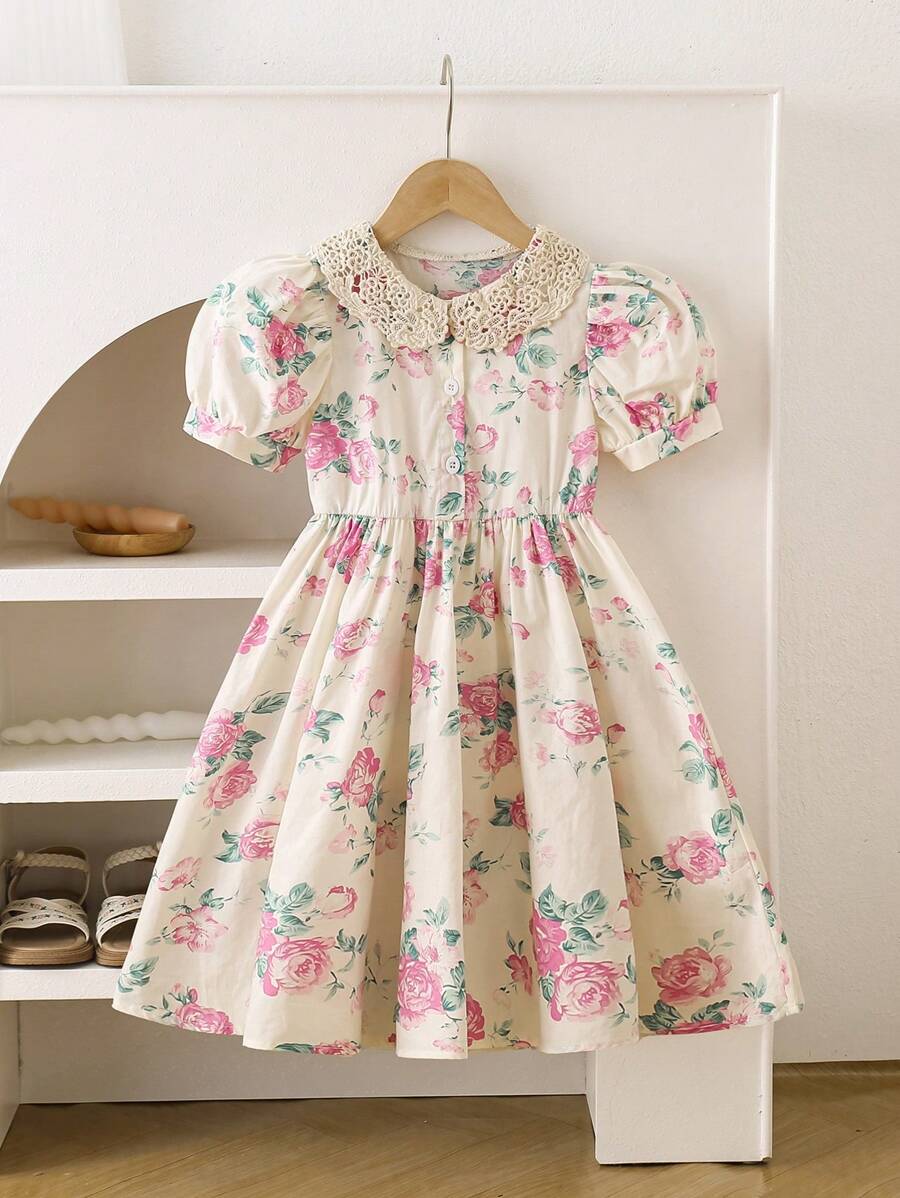 Young Girls Floral Print Contrast Lace Puff Sleeve Dress For Summer - Apricot - View 1