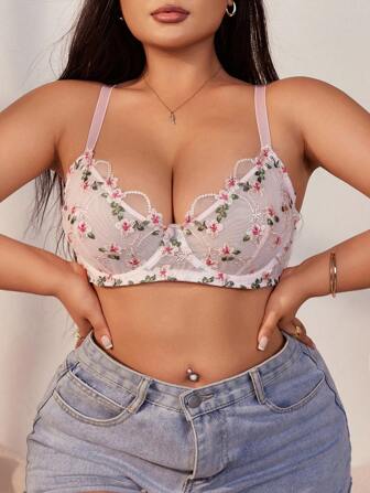 FloralLove Embroidered Floral Design Romantic Sweet Pink Plus Size Bralette & Wireless Bra, Lingerie