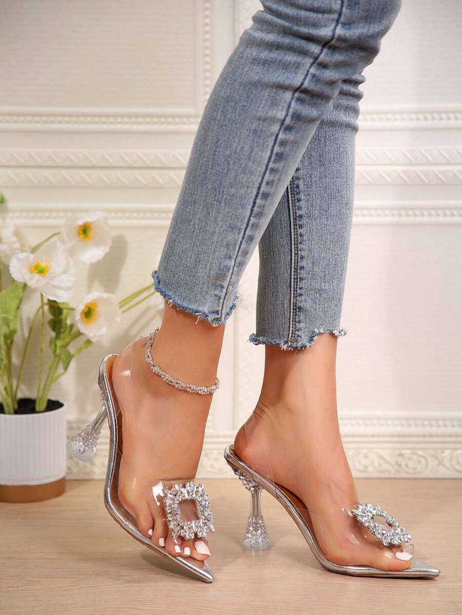 春夏新款仙女风杏色水晶水钻蝴蝶透明水晶尖头优雅派对水晶高跟凉鞋，9厘米高跟女士凉鞋 - 銀色 - 查看 1
