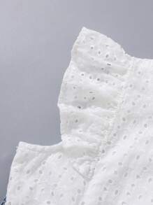 SHEIN Tween Girl White Ruffle Sleeve & Blue Denim Spliced Jumpsuit With Long Pants - Medium Wash - View 3