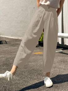 DAZY 高腰褶饰裤，教师裤秋季 - 杏色 - 查看 3