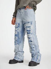 Manfinity Roghcode Men's Light Blue Denim Frayed Patch Streetwear Loose Straight Ripped Jeans, For Husband, Boyfriend Gifts - Light Wash - View 1