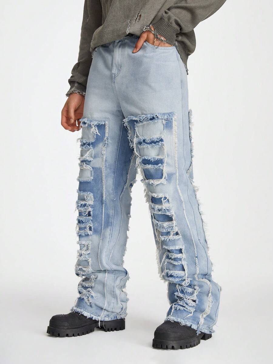 Manfinity Roghcode Men's Light Blue Denim Frayed Patch Streetwear Loose Straight Ripped Jeans, For Husband, Boyfriend Gifts - Light Wash - View 1
