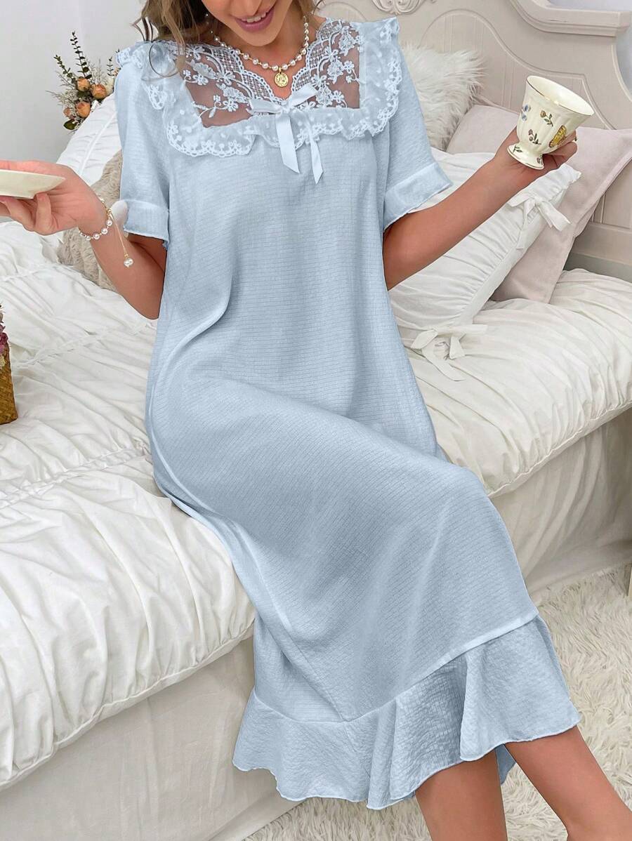 Romantisches Mädchen Transparentes Netz Besticktes Spitzenbesatz V-Ausschnitt Damen Pyjama Nachthemd Langes Kleid, Moo Moo Schlafkleid