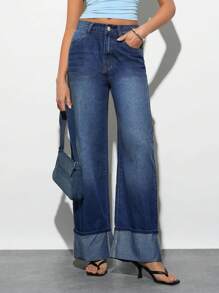 Forever 21 Quần jean ống rộng cạp cao phong cách cổ điển dành cho nữ có túi bên hông - Màu xanh lam - Xem 4