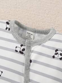 SHEIN 3pcs/Set Toddler Boys' Casual Cute Panda Striped Print Long Sleeve Romper Pajama Set - Multicolor - View 3