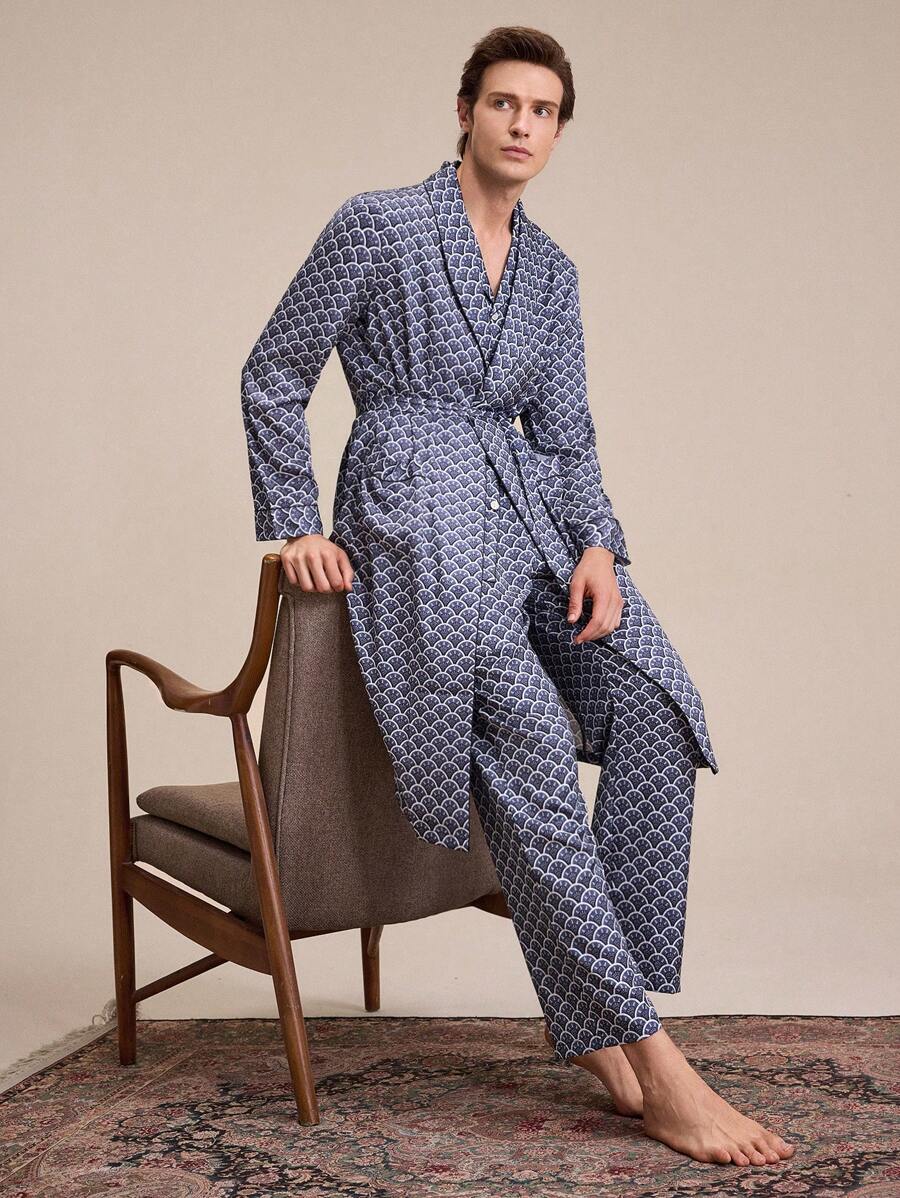 EverLounge Men's Allover Print Self-Tie Waist Long Sleeve Robe - Blue - View 1