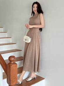 DAZY Damen Set aus einfarbiger gestrickter Weste und Rock für den Sommer, Damen Zweiteiler - Braun - Übersicht 7