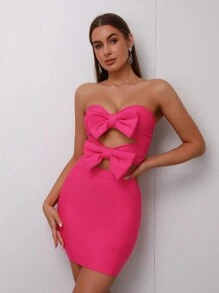 女士抹胸鸡尾酒迷你连衣裙，无袖蝴蝶结装饰性感派对礼服 - 西瓜粉 - 查看 7
