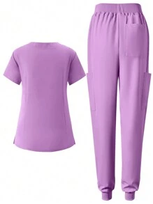 女士手术服制服慢跑裤弹力面料透气护士工作服手术服套装带口袋 - 淡紫色 - 查看 2