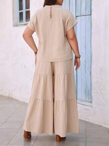 SHEIN VCAY Plus Batwing Sleeve Top & Ruffle Hem Wide Leg Pants For Summer Vacation - Apricot - View 2