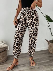 SHEIN LUNE Women's Vintage Leopard Print Elastic Waistband Pants With Ruffled Cuffs For Summer Casual, Holiday