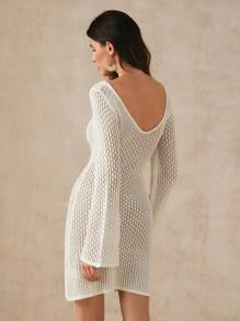 Anewsta Solid Color Women's Knitted Sweater Dress With Hollow Out Design, V-Neck And Long Sleeves For Summer Beach Vacation - White - View 2