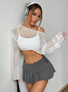 SHEIN Unity Suéter casual de mujer con huecos y unicolor para playa en verano - Blanco - Ver 4