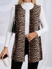 SHEIN Essnce Women Fall  Leopard Print Open Front Vest Coat Print Sleeveless Waistcoat Jacket, Ideal For Work - Multicolor - View 7