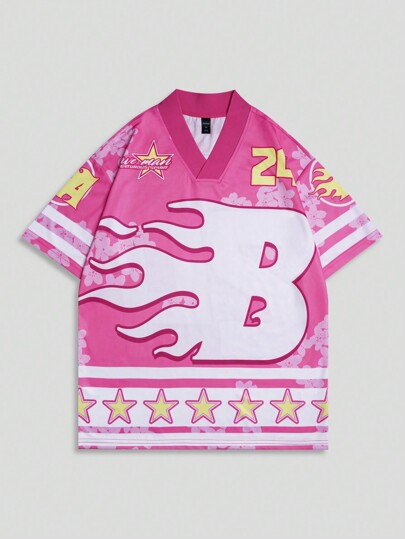 Street Life Men's Summer V-Neck Short Sleeve Football Jersey Style T-Shirt With Letter & Stripe Print, School