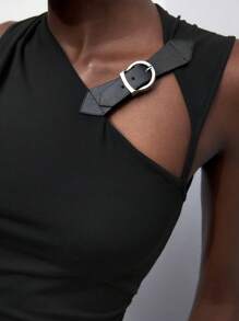 Maija 2025 Spring/Summer & Early Autumn Independence Day July Outfit Women's Black Fitted Strap Decor Design Modern Urban Chic Versatile Top, Black Hollow-Out PU Leather Decor Sleeveless Modern Urban Casual Women Apparel