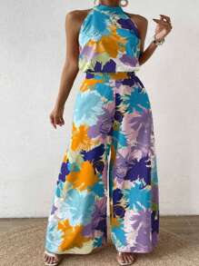 Breezaya Conjunto de dos piezas de talla grande para vacaciones, parte superior halter con estampado de plantas y pantalones anchos de pierna para uso casual - Multicolor - Ver 5