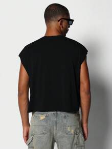 SUMWON Crop Fit Tank Top With Pin Graphic Print - Black - View 2