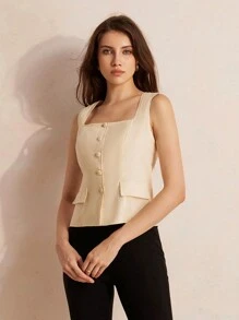 Aveloria Modichic 時尚無袖馬甲襯衫，簡單鈕扣口袋和實心方領 - 米色 - 查看 3