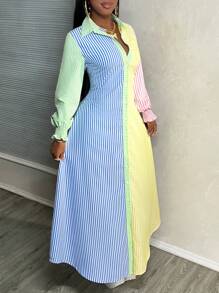 BamGleam Váy sơ mi dài in sọc phối màu cho mùa hè Maxi dành cho nữ - Nhiều màu - Xem 3