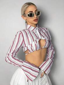 SHEIN ICON Áo thun hai mảnh sọc tam giác ôm vừa vặn và cúp ngực siêu ngắn dành cho nữ - Nhiều màu - Xem 4