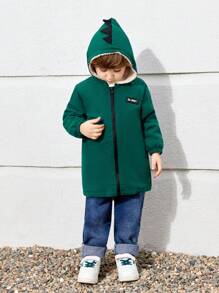 SHEIN 男童連帽毛絨襯裡拼色拉鍊寬鬆中長外套 - 綠色 - 查看 1