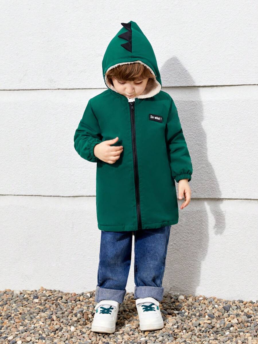 SHEIN 男童連帽毛絨襯裡拼色拉鍊寬鬆中長外套 - 綠色 - 查看 1
