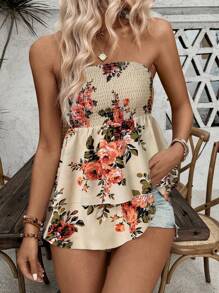 Breezaya Blumen bedrucktes Urlaub lässiges trägerloses Top - Aprikosenfarben - Übersicht 1