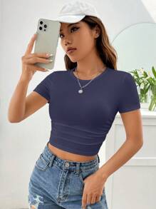 SHEIN EZwear 短款短袖t恤 - 霧霾藍 - 查看 7