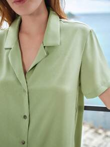 Ocili Ocili Leisure Collared Textured Shell Button Short Sleeve Skirt Women's Sleep Dress