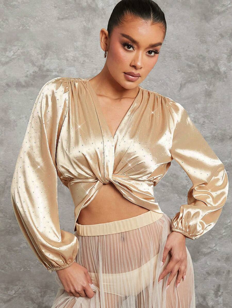 Hauture Blusa con adornos de giro metálico y rhinestone - Albaricoque - Ver 1