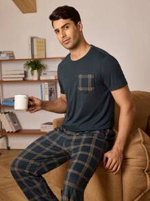 Men Solid Tee & Plaid Pants PJ Set / Pajama Set - Olive Green - View 9