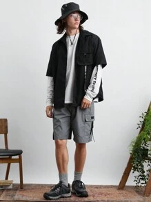 Manfinity VCAY 2 件套男士编织时尚宽松短袖衬衫配松紧腰短裤，休闲日常穿着。黑色衬衫，灰色短裤