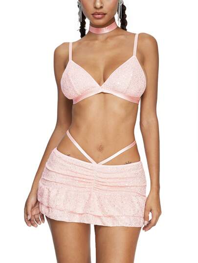 ROMWE Avant 3pcs Heart Shape Knitted Sequin Ruffled Sexy Lingerie Set