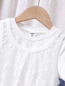 Tricou solid pentru fete tinere și tricou cu panou din dantelă și pantaloni evazați