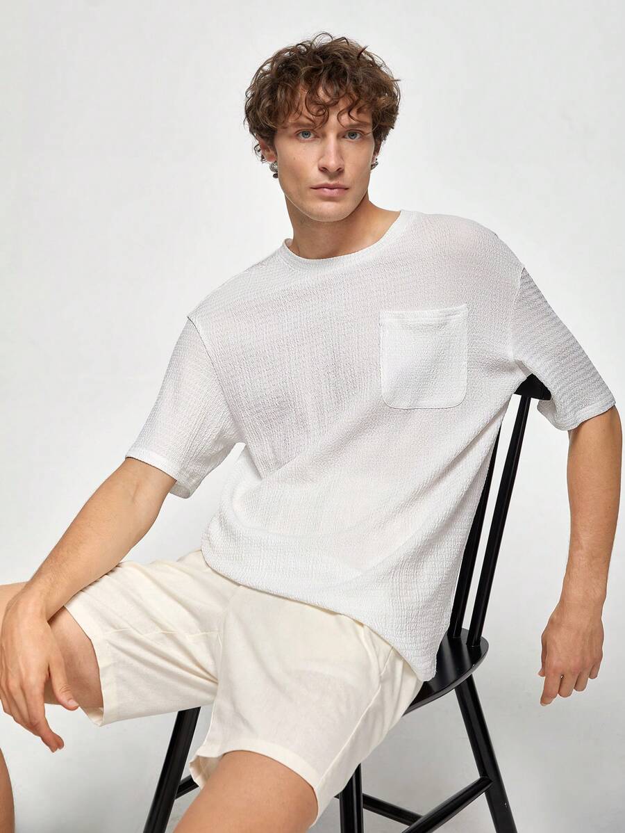 Manfinity VCAY 3pcs Men's Loose Drop-Shoulder Knit Casual Short Sleeve T-Shirt With Round Neck Suitable For Summer - White - View 1
