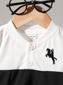 Boys Colorblock Figure Graphic Polo Shirt & Shorts - Black and White - View 4