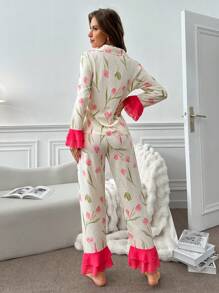 Floral Print Flare Sleeve Ruffle Hem Top & Pants PJ Set / Pajama Set, Fall Clothes - Pink - View 2