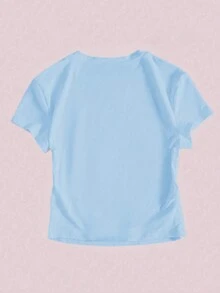 SHEIN EZwear Áo thun bé gái hoa và cây dừa Hawaii nhiệt đới Y2K mùa hè - Màu xanh lam - Xem 2
