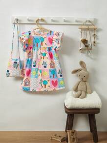SHEIN Baby Girls' Fun Colorful Checkered Illustration Double Layer Cap Sleeve Dress With Matching Bag, Summer
