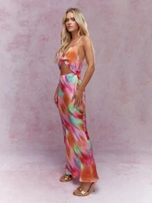 MISSGUIDED Printed Twist Front Cut-Out Cami Maxi Dress Cute Sundress - Watermelon Pink - View 4