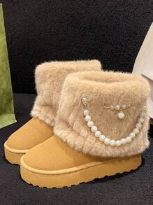 New Arrival Women's Fashionable, Comfortable And Simple Apricot Slip-On Shoes With Round Toe, Thermal Lined , Microfiber Upper, Black Fluffy And Faux Pearl Decoration, Casual Thick-Soled Non-Slip Shoes For Autumn, Winter And Snowy Days,Fur Boots,Snow Boots - Apricot - View 4