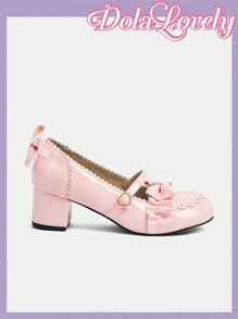Dola Lovely Ladies' Solid Color Simple Daily High Heel Shoes With Bow Decoration - Pink - View 10