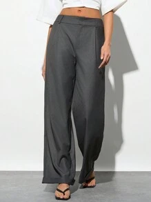 Forever 21 女性商務通勤直筒實色低腰超長拉鍊長褲 - 灰色 - 查看 5