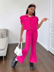 SHEIN 少女款漂亮休閒針織純色短袖針織開衫上衣，設有背心坎肩和長褲3件套 - 玫紅色 - 查看 6