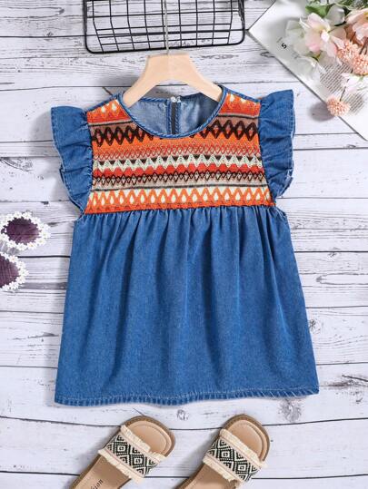 SHEIN Blusa vaquera casual de cuello redondo y manga corta con volantes para adolescentes, con estampado geométrico y bloques de color