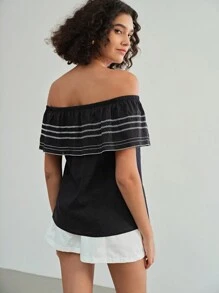 MOTF STUDIO EMBROIDERY RUFFLE TRIM OFF SHOULDER BLOUSE