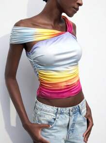 Maija 合身邮轮度假女士上衣 - 不对称领口、褶皱、扎染印花、短款 - 彩色 - 查看 5