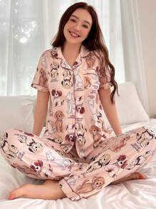 SHEIN 卡通图案撞色滚边缎面上衣和裤子睡衣套装 - 彩色 - 查看 5